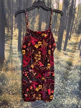 Floral Velvet Slip Dress in Burgundy with Pink & Yellow Flowers